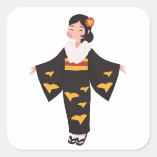 Schattige Japanse geisha in zwarte kimono sticker