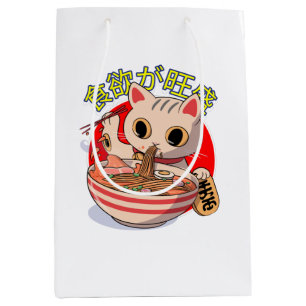 Schattige Japanse kat die noedels eet met eetstokj Medium Cadeauzakje
