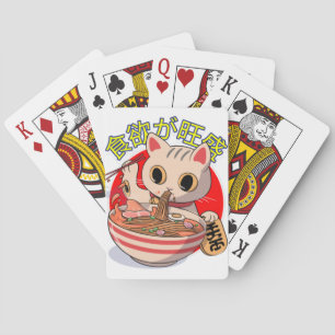 Schattige Japanse kat eet noedels met eetstokjes Pokerkaarten