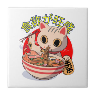 Schattige Japanse Kat Eet Noedels met Eetstokjes Tegeltje