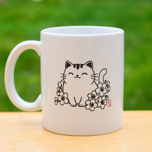 Schattige Japanse kat en Sakura met "Neko" stempel Koffiemok