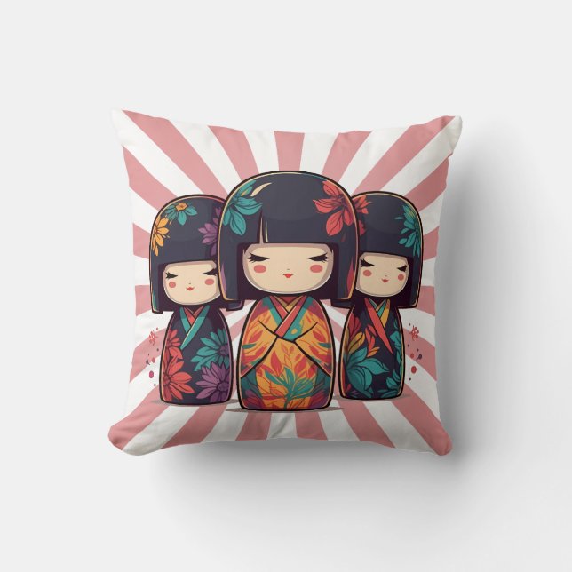 Schattige Japanse Kokeshi-poppen Kussen (Voorkant)