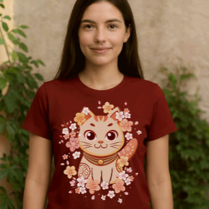 Schattige Japanse Neko Kat met Kersenbloesems T-shirt