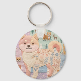Schattige Japanse Shiba Inu Patchwork Bloemmotief Sleutelhanger