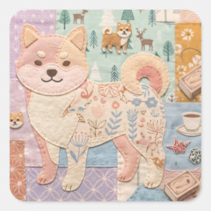 Schattige Japanse Shiba Inu Patchwork Bloemmotief Vierkante Sticker