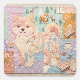 Schattige Japanse Shiba Inu Patchwork Bloemmotief Vierkante Sticker