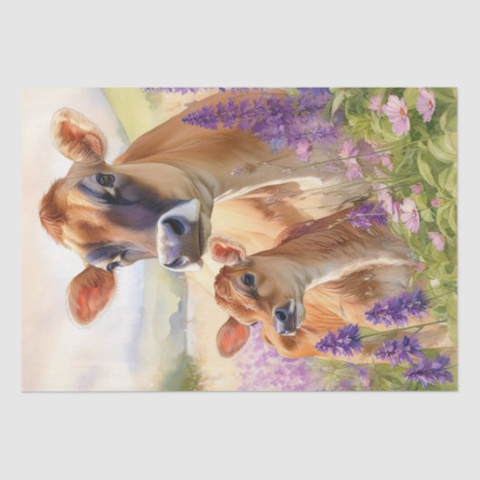 Schattige Jersey Koe en Kalf Wildflower Decoupage Tissuepapier (Voorkant)