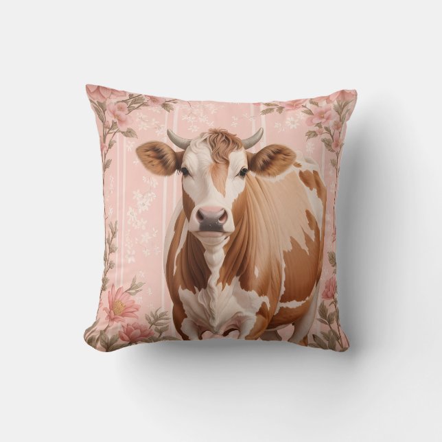 Schattige Jersey Koe Roze Bloemen Kussen (Voorkant)
