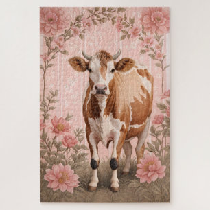 Schattige Jersey Koe Roze Bloemen Legpuzzel
