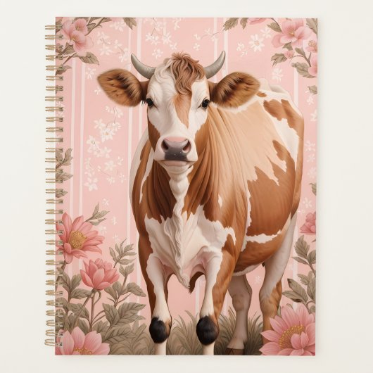 Schattige Jersey Koe Roze Bloemen Planner (Voorkant)