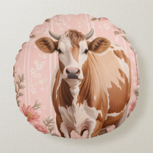 Schattige Jersey Koe Roze Bloemen Rond Kussen