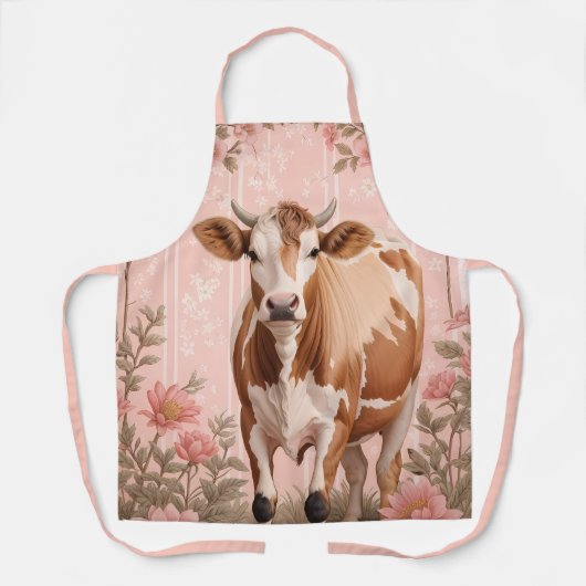 Schattige Jersey Koe Roze Bloemen Schort (Voorkant)