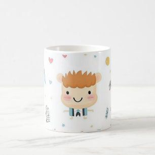 Schattige jonge jongen met oranje haar in een cart koffiemok