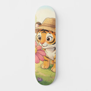 Schattige jonge tijger met hoed in de tuin persoonlijk skateboard