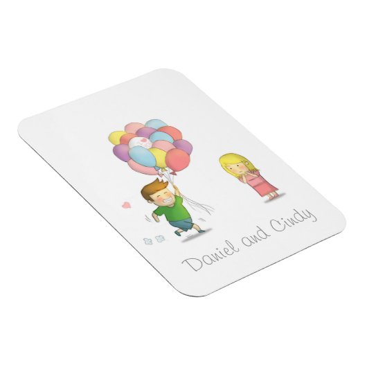 Schattige jongen deelt zijn liefde voor meisje met magneet (Rechterzijde)