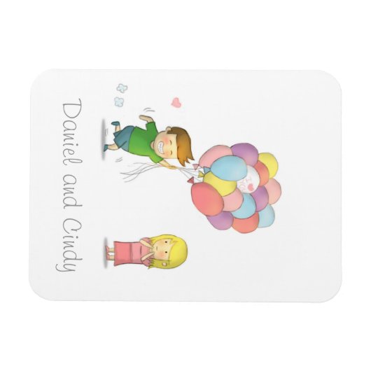 Schattige jongen deelt zijn liefde voor meisje met magneet (Horizontaal)