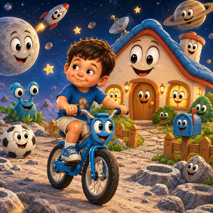 Schattige Jongen die op een Fiets in de Buitenruim Poster