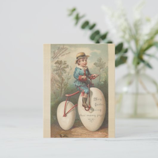  schattige jongen eierfiets die de zegen feestdagenkaart (Staand voorkant)