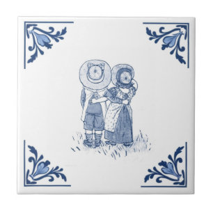 Schattige Jongen en Meisje Delfts Blauw & Wit Tegeltje
