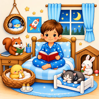 Schattige Jongen Leest | Bosdieren Kinderkamer Pos Poster