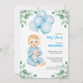 Schattige jongen moderne eucalyptus blauwe ballonn kaart