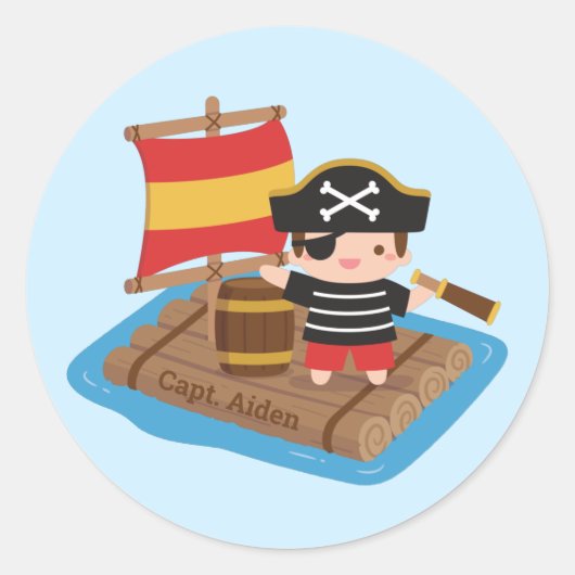 Schattige Jongen Pirate Sail Avontuur Kinder Geper Ronde Sticker (Voorkant)
