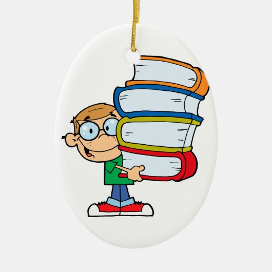 schattige jongen student met veel boeken keramisch ornament (Voorkant)