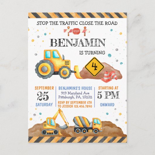 Schattige Jongen Verjaardag Bouwvoertuigen Partij Briefkaart (Voorkant)