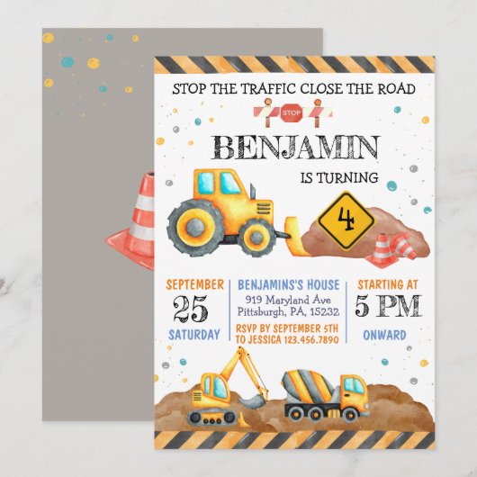 Schattige Jongen Verjaardag Bouwvoertuigen Partij Kaart (Voorkant / Achterkant)