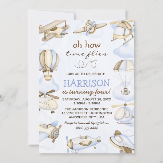 Schattige Jongen's Vliegtuig Thema 4e Verjaardagsf Kaart (Voorkant)