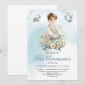 Schattige jongetje blauw witte bloemduiven Eerste Kaart (Voorkant / Achterkant)