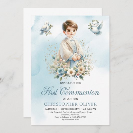 Schattige jongetje blauw witte bloemduiven Eerste  Kaart (Voorkant / Achterkant)