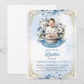 Schattige jongetje in trog blauw bloemetjes gouden kaart (Voorkant / Achterkant)