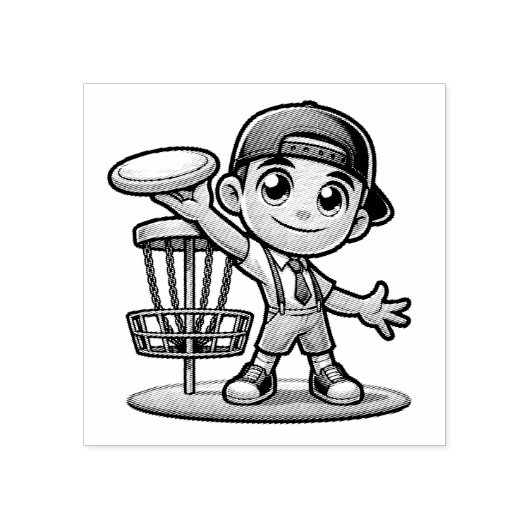 Schattige jongetje speelt diskgolf rubberstempel (Afrduk)