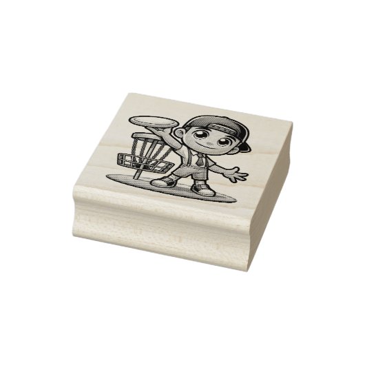 Schattige jongetje speelt diskgolf rubberstempel (Stempel)
