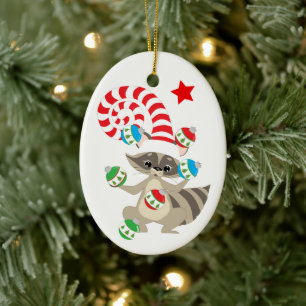 Schattige Jonglerende Wasbeer Kinderen Kerstmis Keramisch Ornament