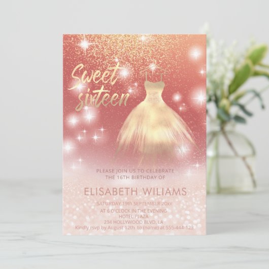 Schattige jurk roos goud glittery ombre kaart (Staand voorkant)