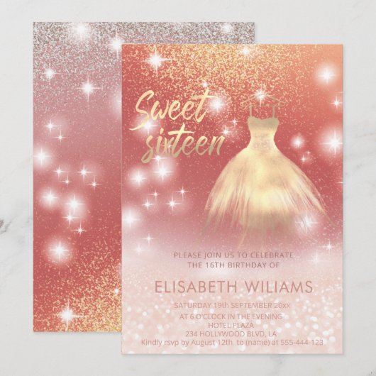 Schattige jurk roos goud glittery ombre kaart (Voorkant / Achterkant)