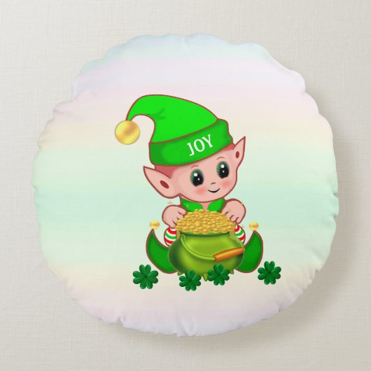 Schattige kabouter, pot met goud & geluks shamrock rond kussen (Voorkant)