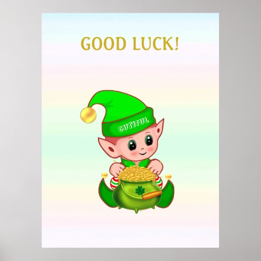 Schattige kabouter & pot met goud op pastelkleuren poster (Voorkant)