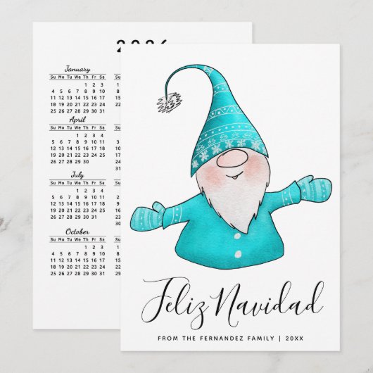 Schattige kabouter turquoise Feliz Navidad 2026 ka Feestdagenkaart (Voorkant / Achterkant)