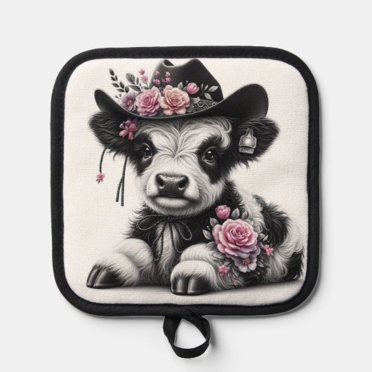 Schattige kalf met Pet versierd met bloemen Pannenlap (Voorkant)