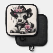 Schattige kalf met Pet versierd met bloemen Pannenlap (Voorkant / Achterkant)