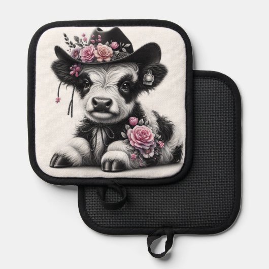 Schattige kalf met Pet versierd met bloemen Pannenlap (Voorkant / Achterkant)