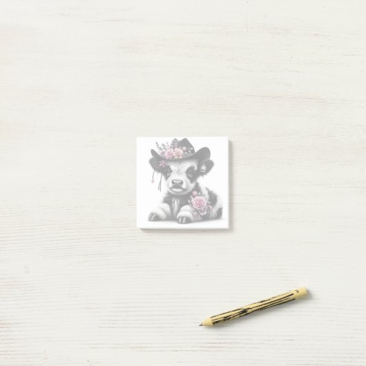Schattige kalf met Pet versierd met bloemen Post-it® Notes (Op bureau)