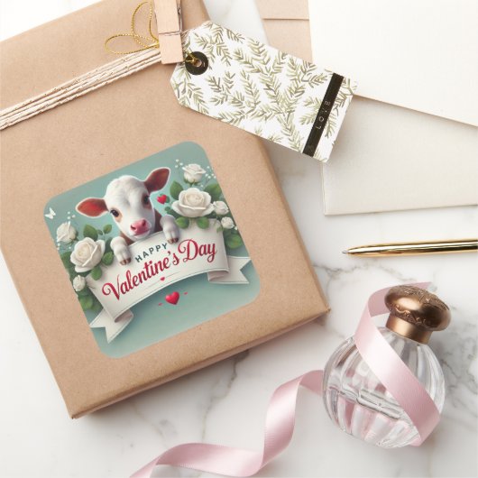 Schattige kalf met Valentijnsdag begroetingsbanner Vierkante Sticker (Geschenken)