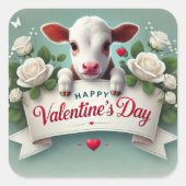 Schattige kalf met Valentijnsdag begroetingsbanner Vierkante Sticker (Voorkant)