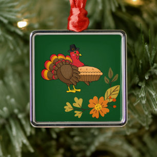 Schattige kalkoen met pompoentaart Thanksgiving Metalen Ornament