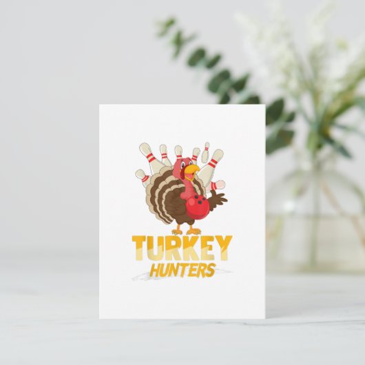 Schattige kalkoenjager Leuke Bowling  Thanksgiving Kaart (Staand voorkant)