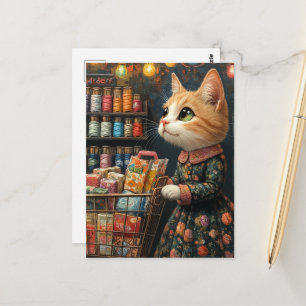 Schattige kaneelkat doet boodschappen briefkaart